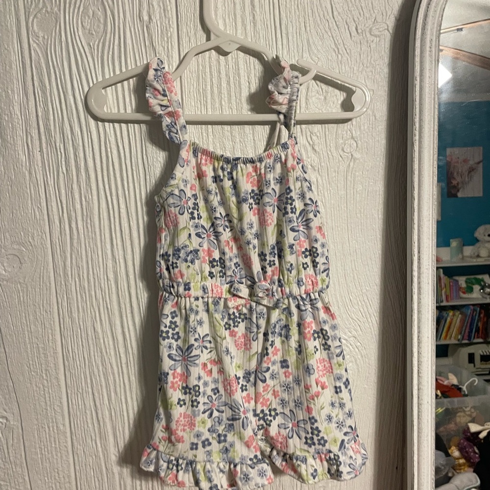Toddler 9-12 month Floral Ruffle Romper - White with Pink, Blue & Green Flowers